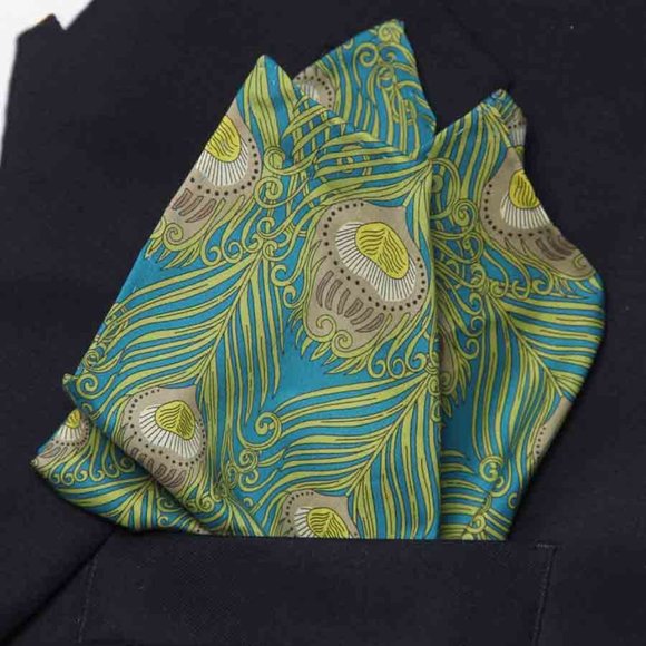 Hand Stitched Tana Lawn Cotton Fabric Pocket Square Caesar Peacock Motif Men's - Picture 1 of 3